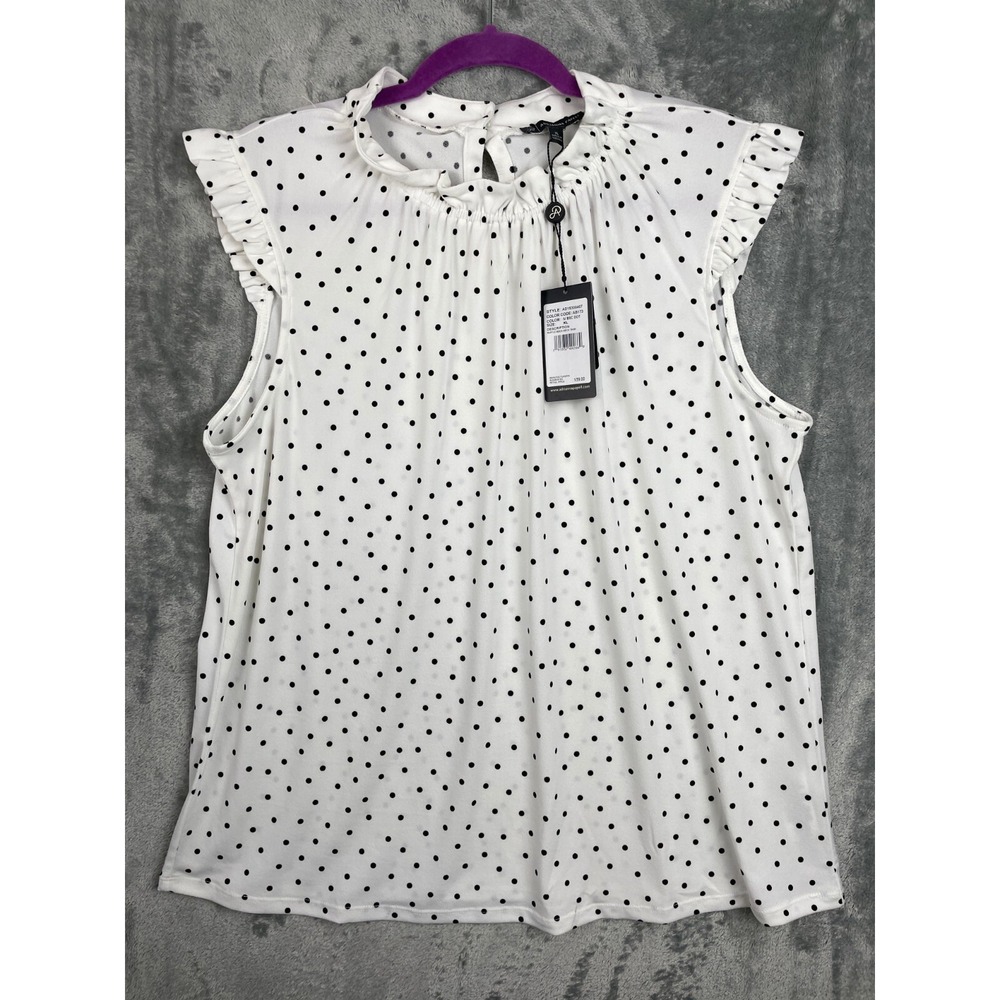 ADRIANNA PAPELL Top Womens XL White Polka Dot Ruffle Mock Neck Retro Blouse‎ NEW